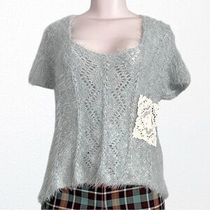 Ciel USA Fuzzy Eyelash Pointelle Knit Short Sleeve Sweater Light Teal SZ L